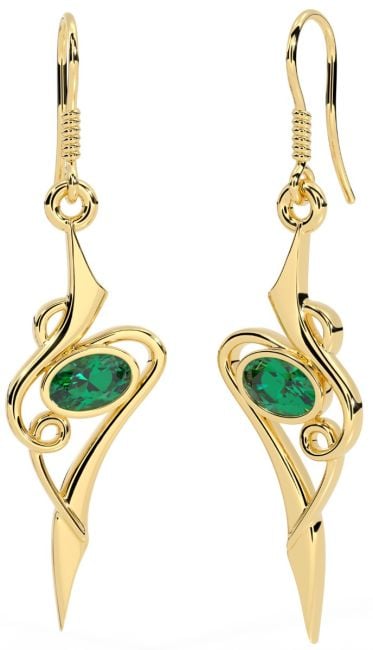 Emerald 14K Yellow Gold Silver Celtic Dangle Earrings
