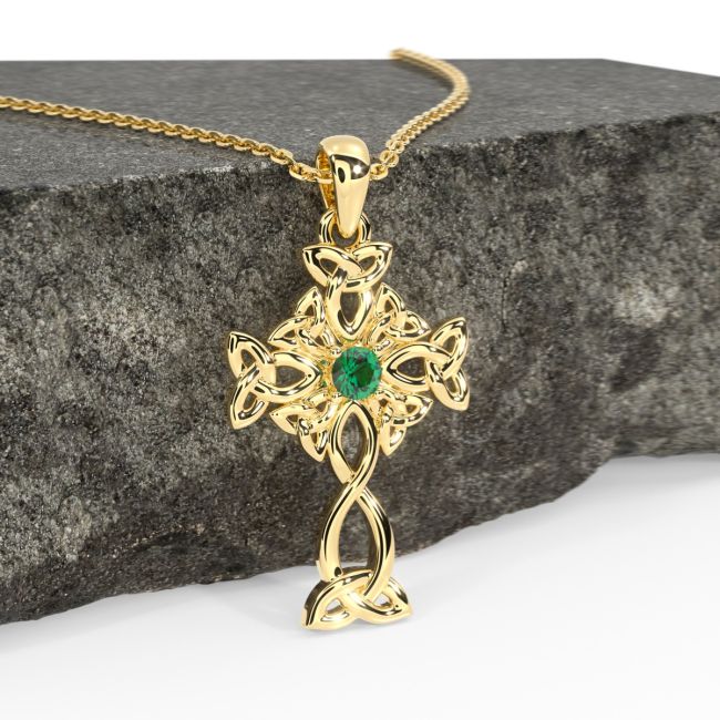 Yellow Gold Emerald .03cts Irish Celtic Cross Necklace