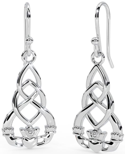 14K White Gold Solid Silver Claddagh Dangle Earrings
