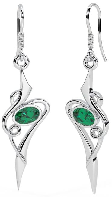 Emerald 14K White Gold Solid Silver Celtic Dangle Earrings