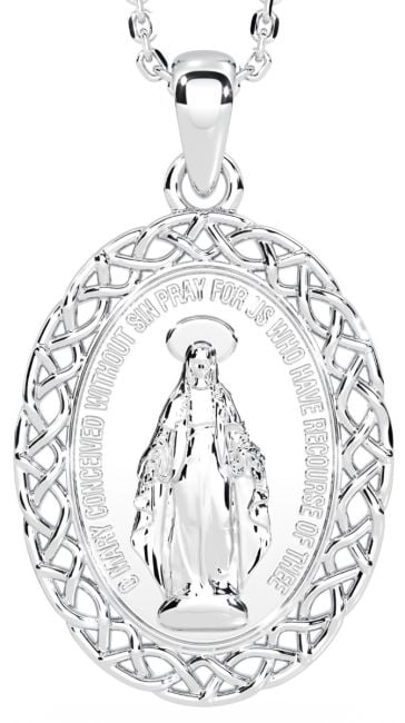 Silver Celtic Miraculous Mary Medal Pendant Necklace