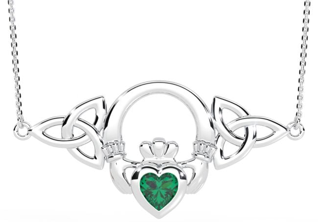 Silver Emerald Irish Claddagh Celtic Pendant Necklace