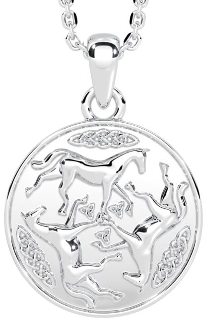 14K White Gold Solid Silver Celtic Horse Pendant Necklace
