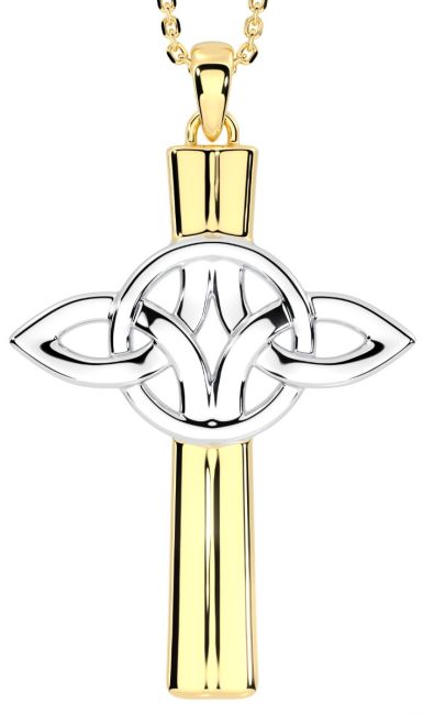 14K Two Tone Gold Solid Silver Irish Celtic Cross Pendant Necklace