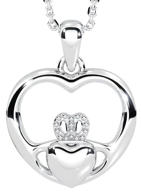 14K White Gold Silver Claddagh Heart Pendant Necklace