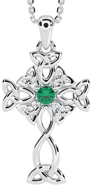 White Gold Genuine Emerald .03cts Irish Celtic Cross Pendant Necklace