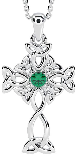 Silver Genuine Emerald .1cts Irish Celtic Cross Pendant  Necklace
