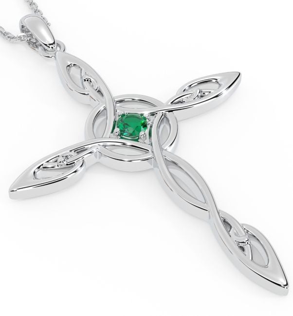 14K White Gold Solid Silver Emerald Irish Celtic Cross Pendant Necklace