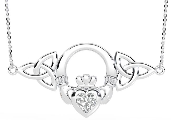 Silver Diamond Celtic Claddagh Necklace