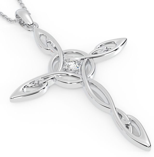 Silver Diamond Irish Celtic Cross Pendant Necklace