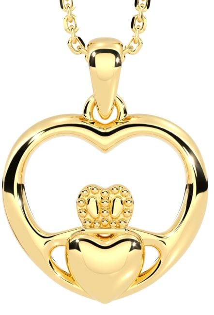 14K Gold Solid Silver Claddagh Heart Pendant Necklace