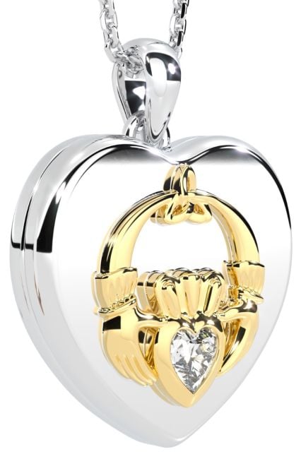 14K Two Tone Gold Diamond Solid Silver Claddagh Celtic Locket Pendant Necklace
