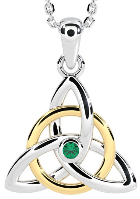 14K Two Tone Gold Solid Silver Genuine Emerald .03ct Irish Celtic Knot Pendant Necklace