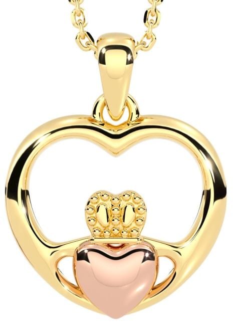 14K Two Tone Yellow & Rose Gold Solid Silver Claddagh Heart Pendant Necklace