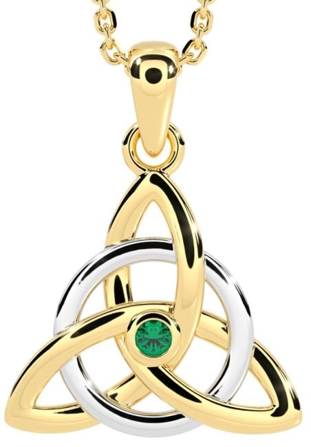 Yellow & White Gold Genuine Emerald .03cts Irish Celtic Knot Pendant Necklace