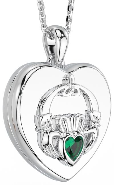 Silver Emerald Claddagh Heart Locket Pendant Necklace