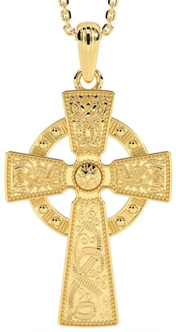 14K Yellow Gold Solid Silver Warrior Irish Celtic Cross Pendant Necklace