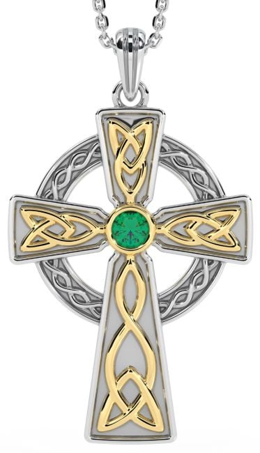 Emerald 14K Two Tone Gold Silver Celtic Cross Pendant Necklace