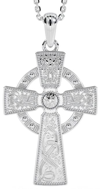 White Gold Warrior Celtic Cross Pendant Necklace