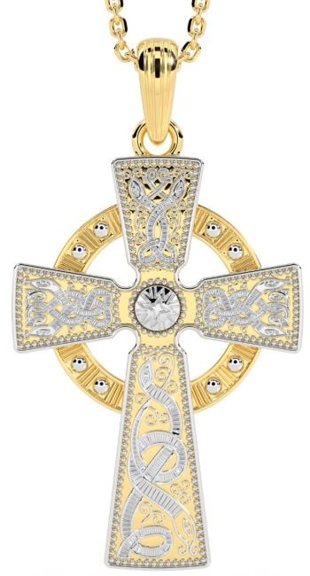 14K Yellow & White Gold coated Silver Warrior Irish Celtic Cross Pendant Necklace