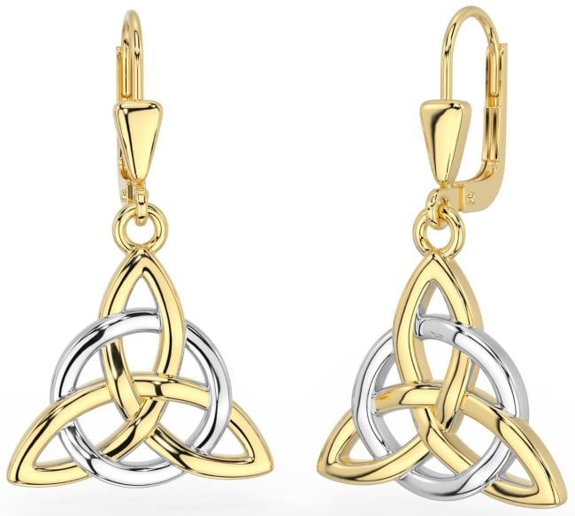 14K Two Tone Gold Solid Silver Irish Celtic Knot Dangle Earrings