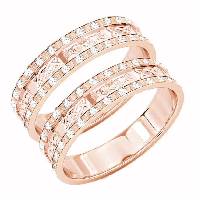 Rose Gold Genuine Diamond .5cts Claddagh Celtic Wedding Band Ring Set