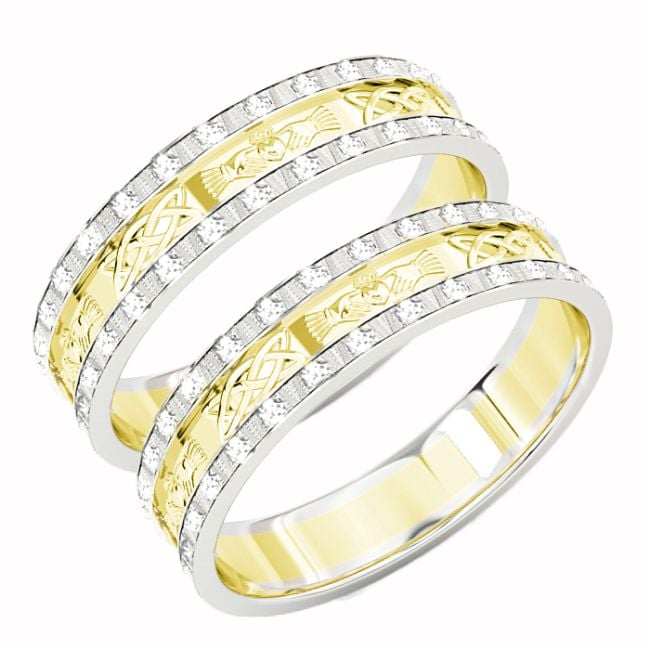 10K/14K/18K Two Tone Gold White & Yellow Genuine Diamond .5cts Claddagh Celtic Wedding Band Ring Set