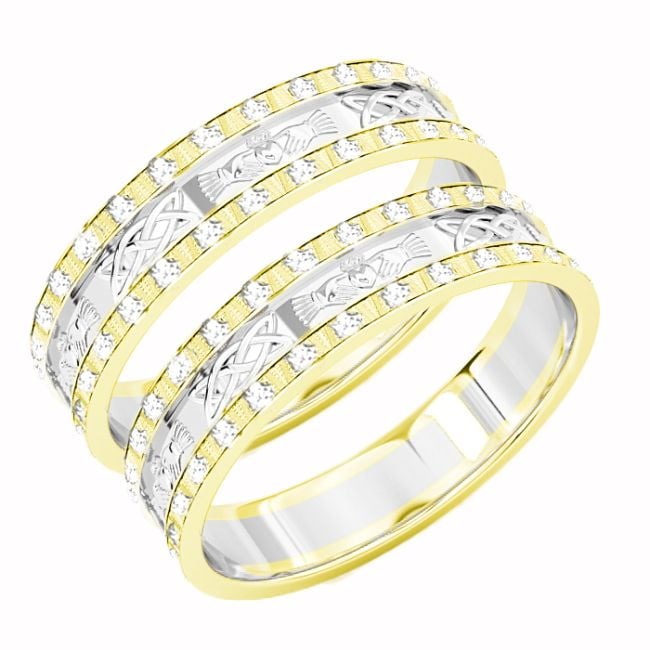 Two Tone Gold Yellow & White Genuine Diamond .5cts Claddagh Celtic Wedding Band Ring Set