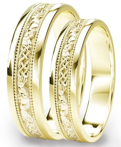 Gold Claddagh Celtic Wedding Band Ring Set