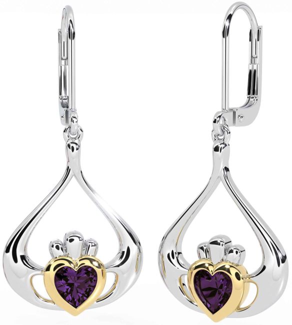 Alexandrite Gold Silver Claddagh Dangle Earrings