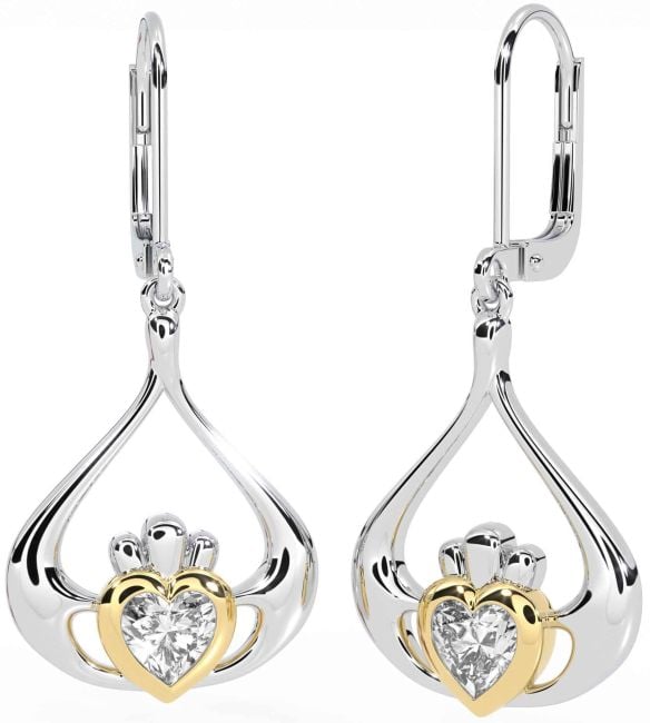 Diamond Gold Silver Claddagh Dangle Earrings