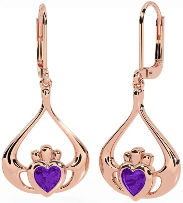 Amethyst Rose Gold Silver Claddagh Dangle Earrings