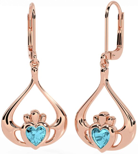 Aquamarine Rose Gold Silver Claddagh Dangle Earrings