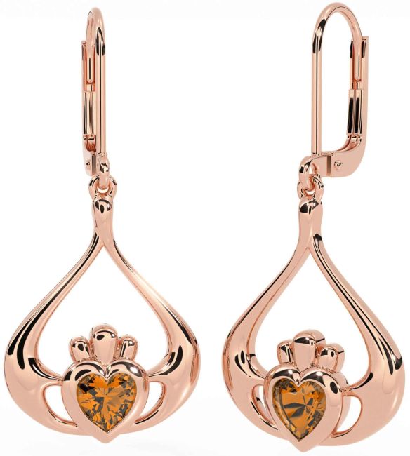 Citrine Rose Gold Silver Claddagh Dangle Earrings