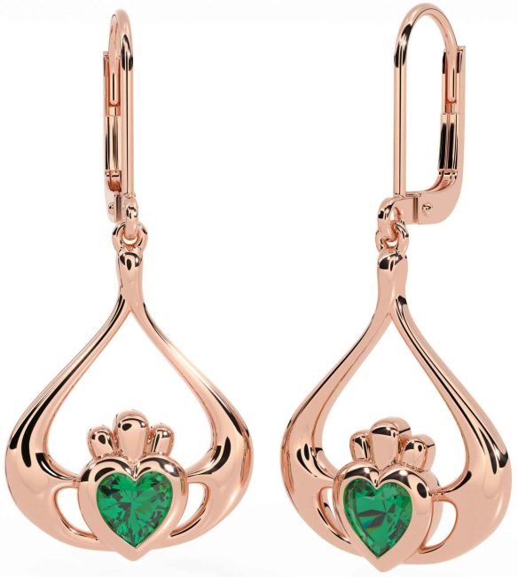 Emerald Rose Gold Silver Claddagh Dangle Earrings