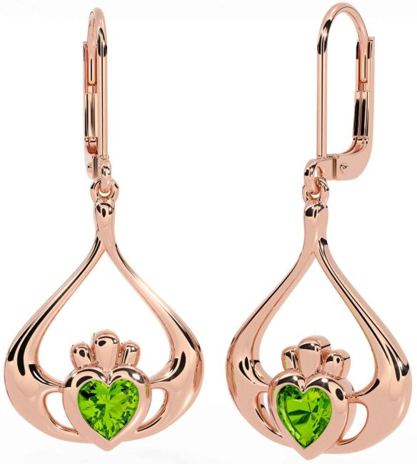 Peridot Rose Gold Silver Claddagh Dangle Earrings