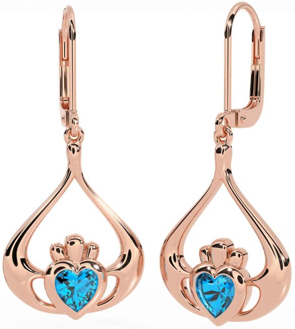 Topaz Rose Gold Silver Claddagh Dangle Earrings