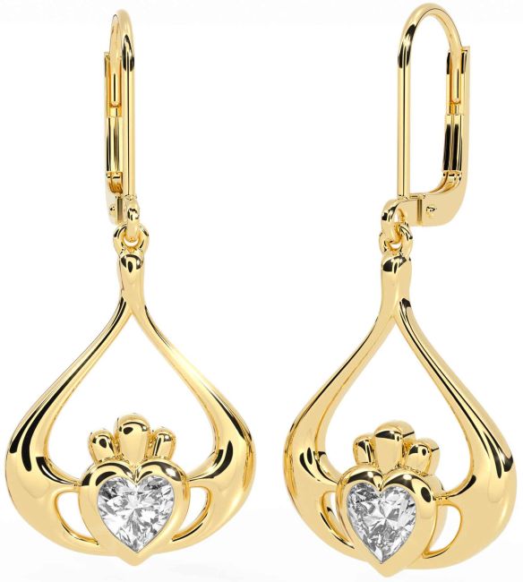 Diamond Gold Silver Claddagh Dangle Earrings