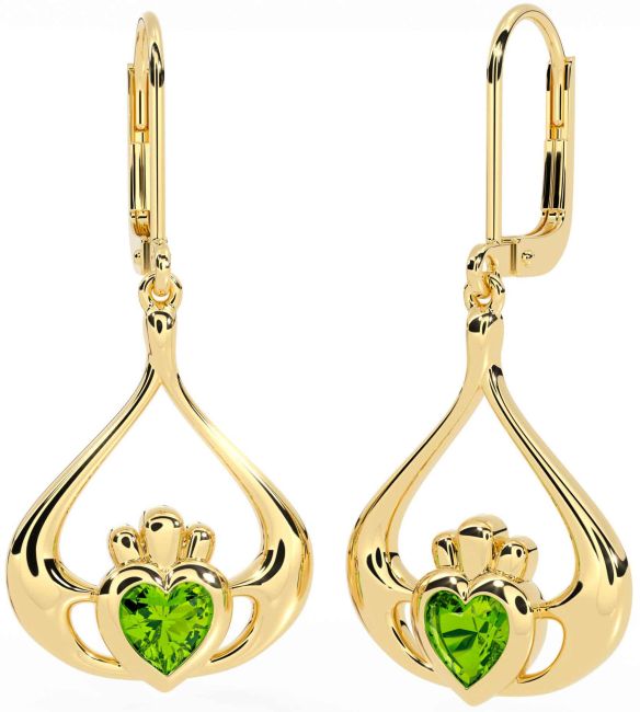 Peridot Gold Silver Claddagh Dangle Earrings