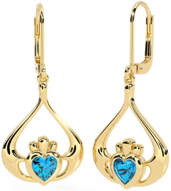 Topaz Gold Silver Claddagh Dangle Earrings