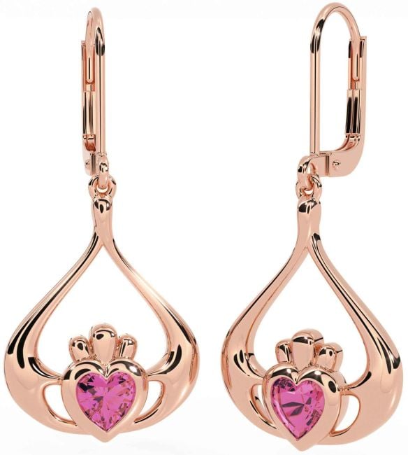 Pink Tourmaline Rose Gold Claddagh Dangle Earrings