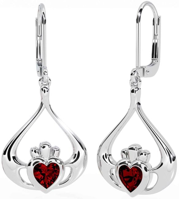 Garnet Silver Claddagh Dangle Earrings