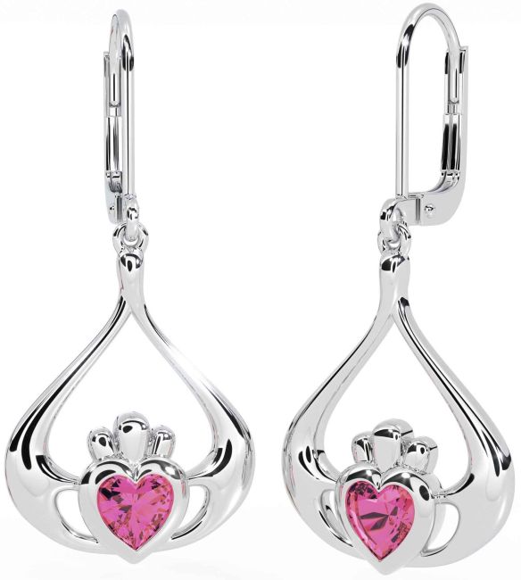 Pink Tourmaline Silver Claddagh Dangle Earrings