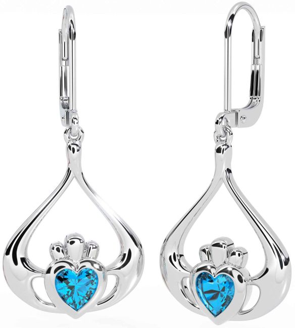 Topaz Silver Claddagh Dangle Earrings