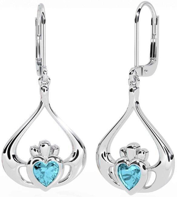 Aquamarine White Gold Claddagh Dangle Earrings