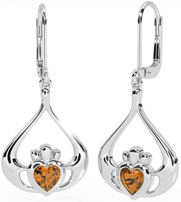 Citrine White Gold Claddagh Dangle Earrings