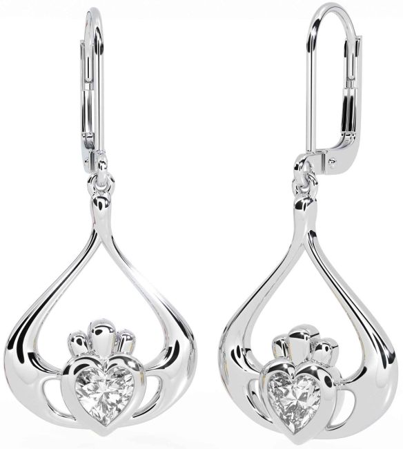 Diamond White Gold Claddagh Dangle Earrings