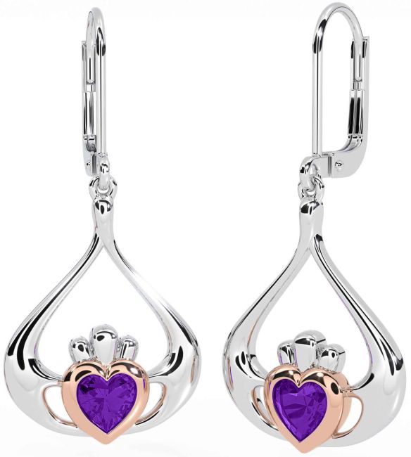 Amethyst White Rose Gold Claddagh Dangle Earrings