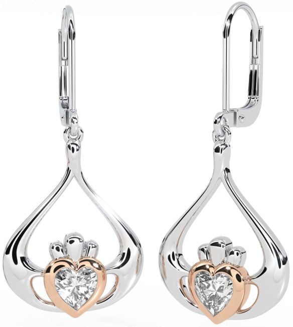 Diamond White Rose Gold Claddagh Dangle Earrings