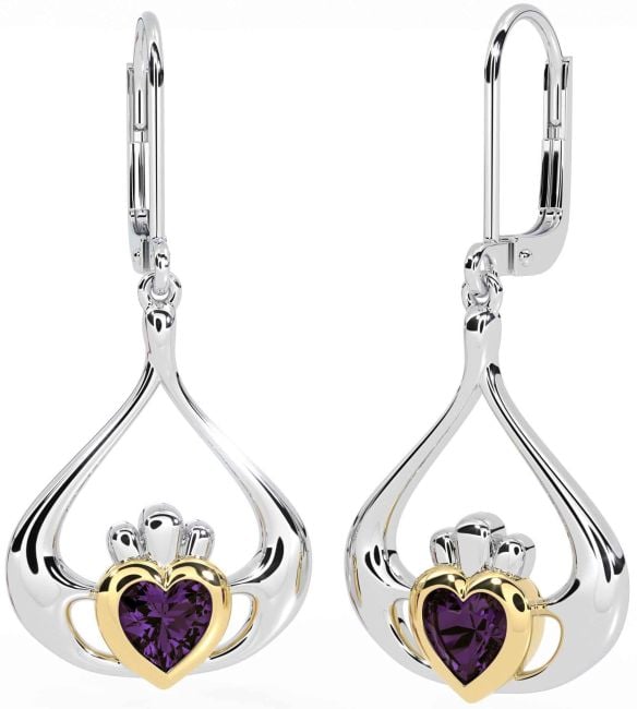 Alexandrite White Yellow Gold Claddagh Dangle Earrings